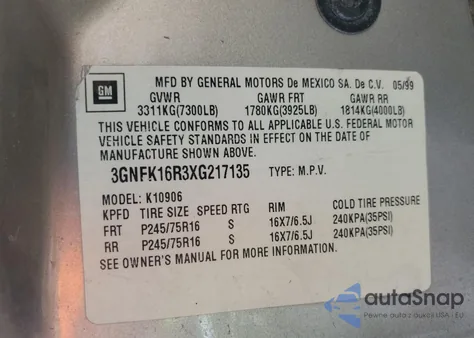 1999 Chevrolet Suburban K1500 из США, поврежденный, VIN 3GNFK16R3XG217135